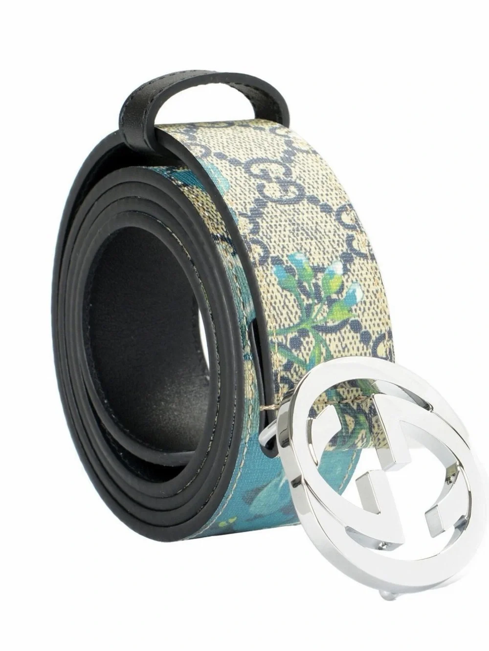 Gucci Floral Canvas Belt with Silver Interlocking G - Blue & Green